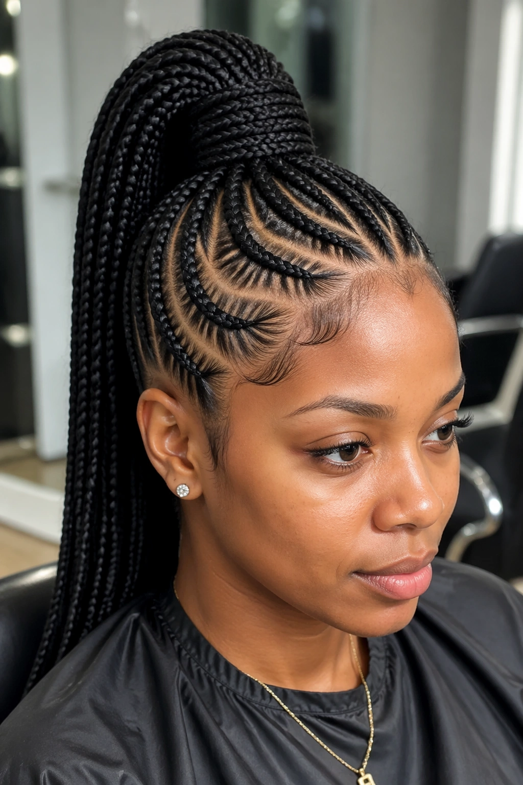 Close-up portrait of a real Black woman with stitch braids and a high ponytail