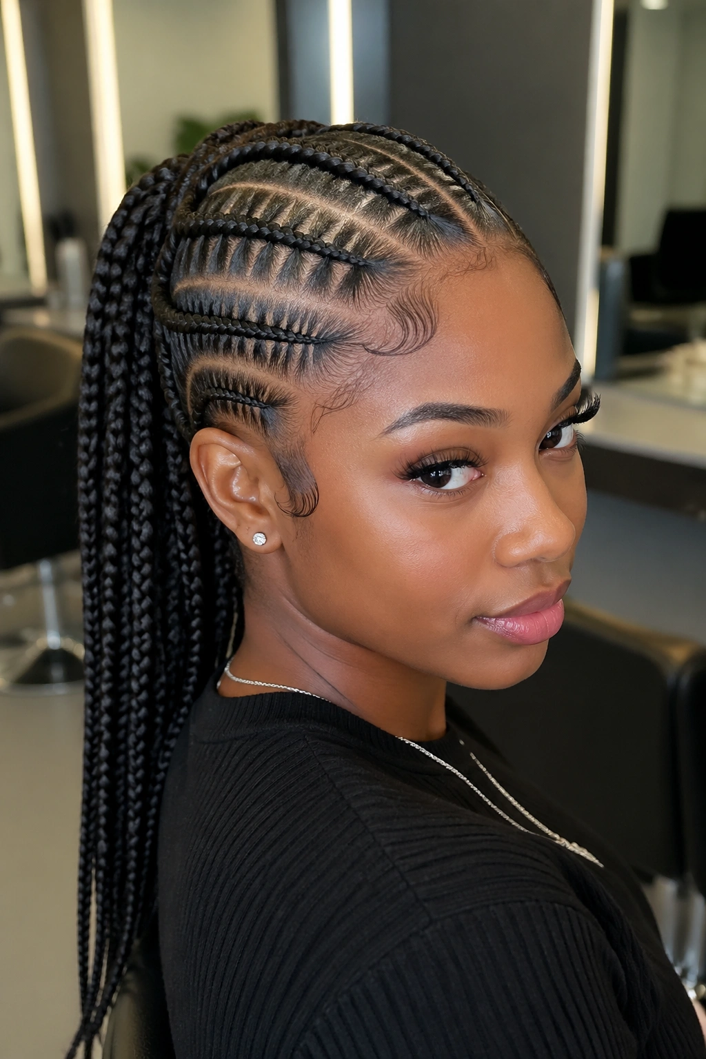 Close-up of a real Black woman with stitch braided mid ponytail