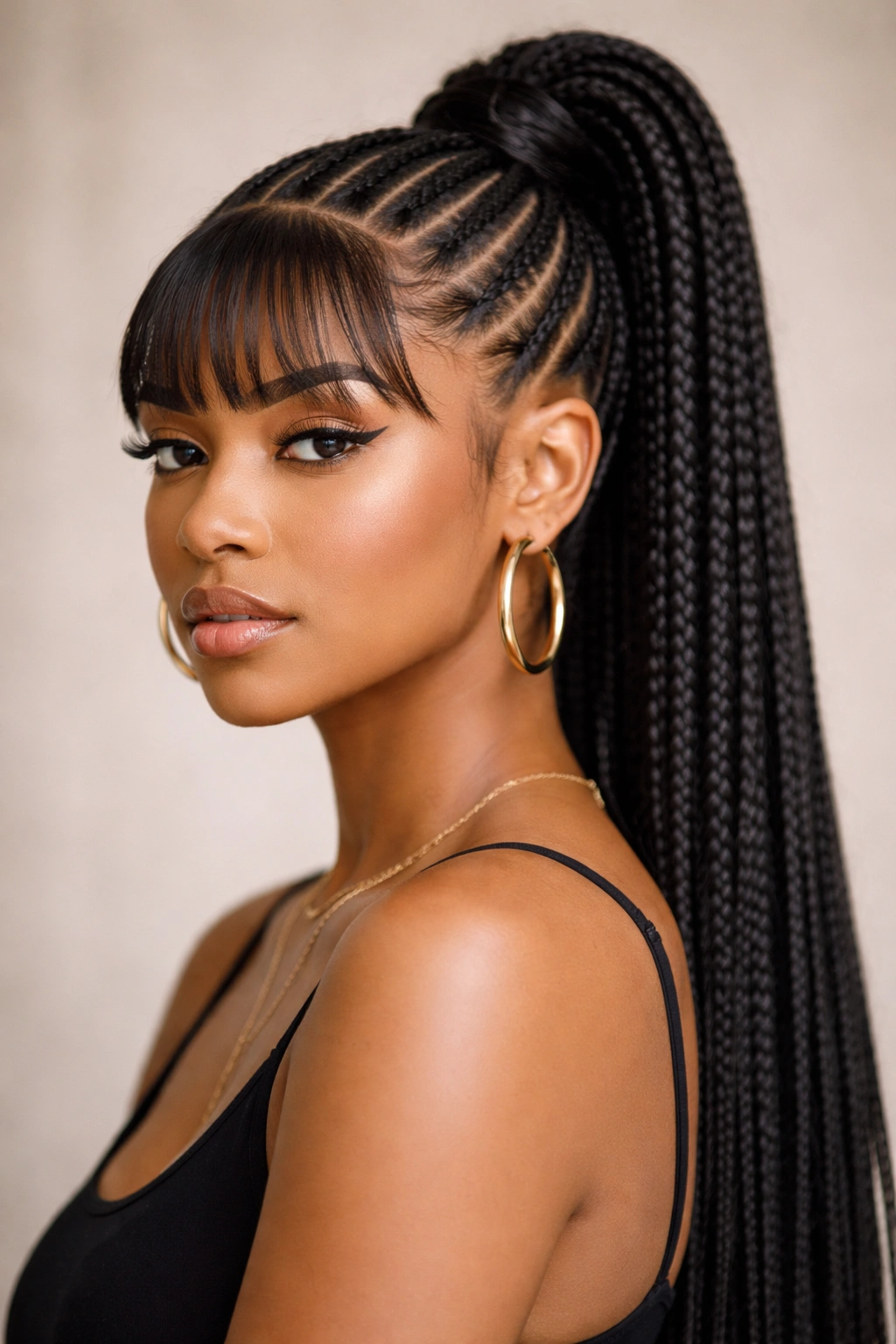 Portrait of stitch braids ponytail with micro-bangs
