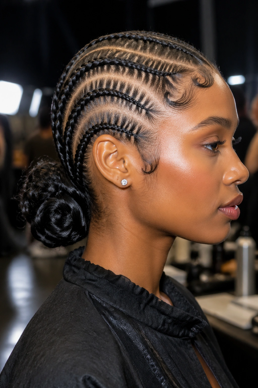 Close-up of a real woman with a low sleek bun made from stitch-braid cornrows and silky curls