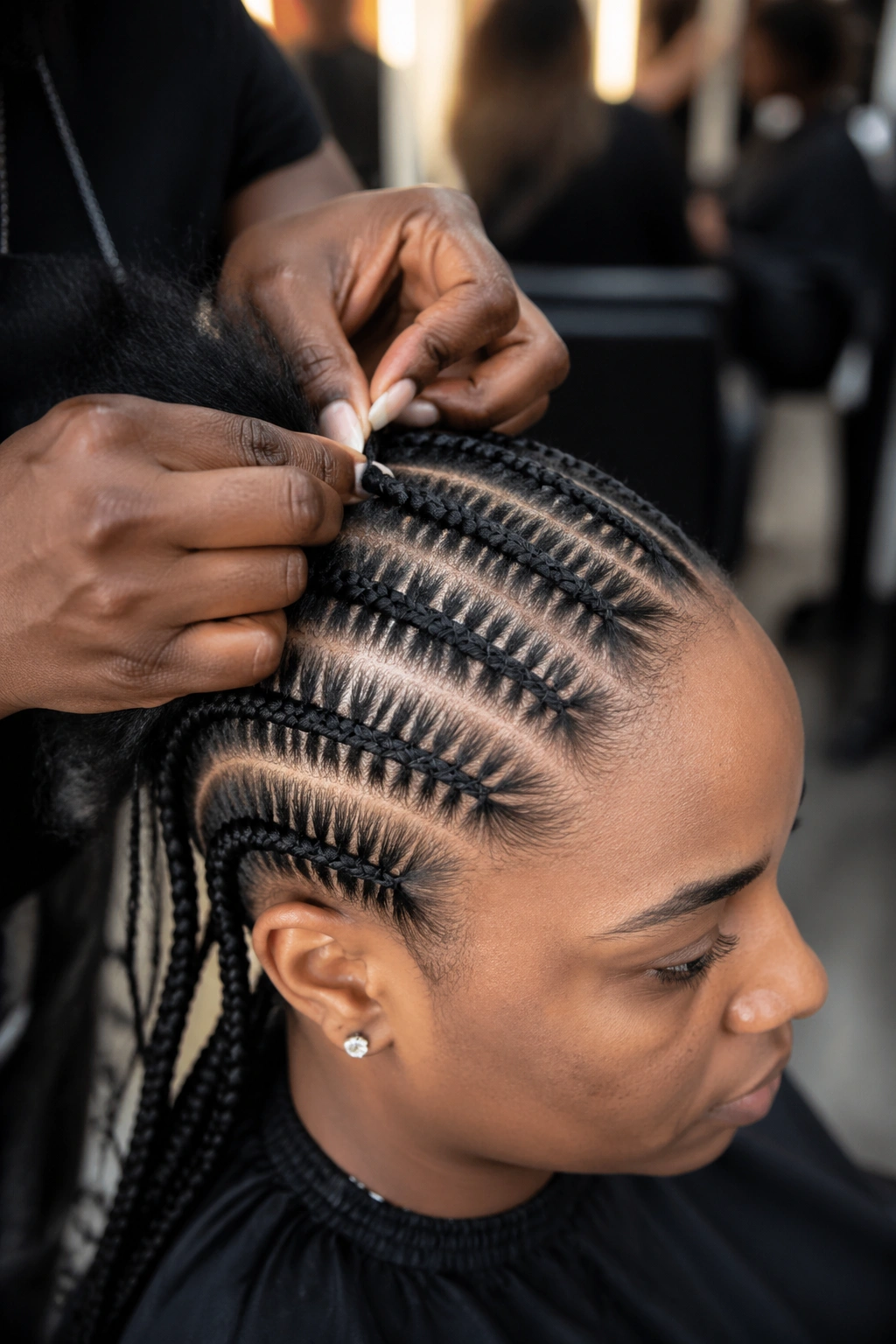 Real person in braid session with stitch cornrows in progress.