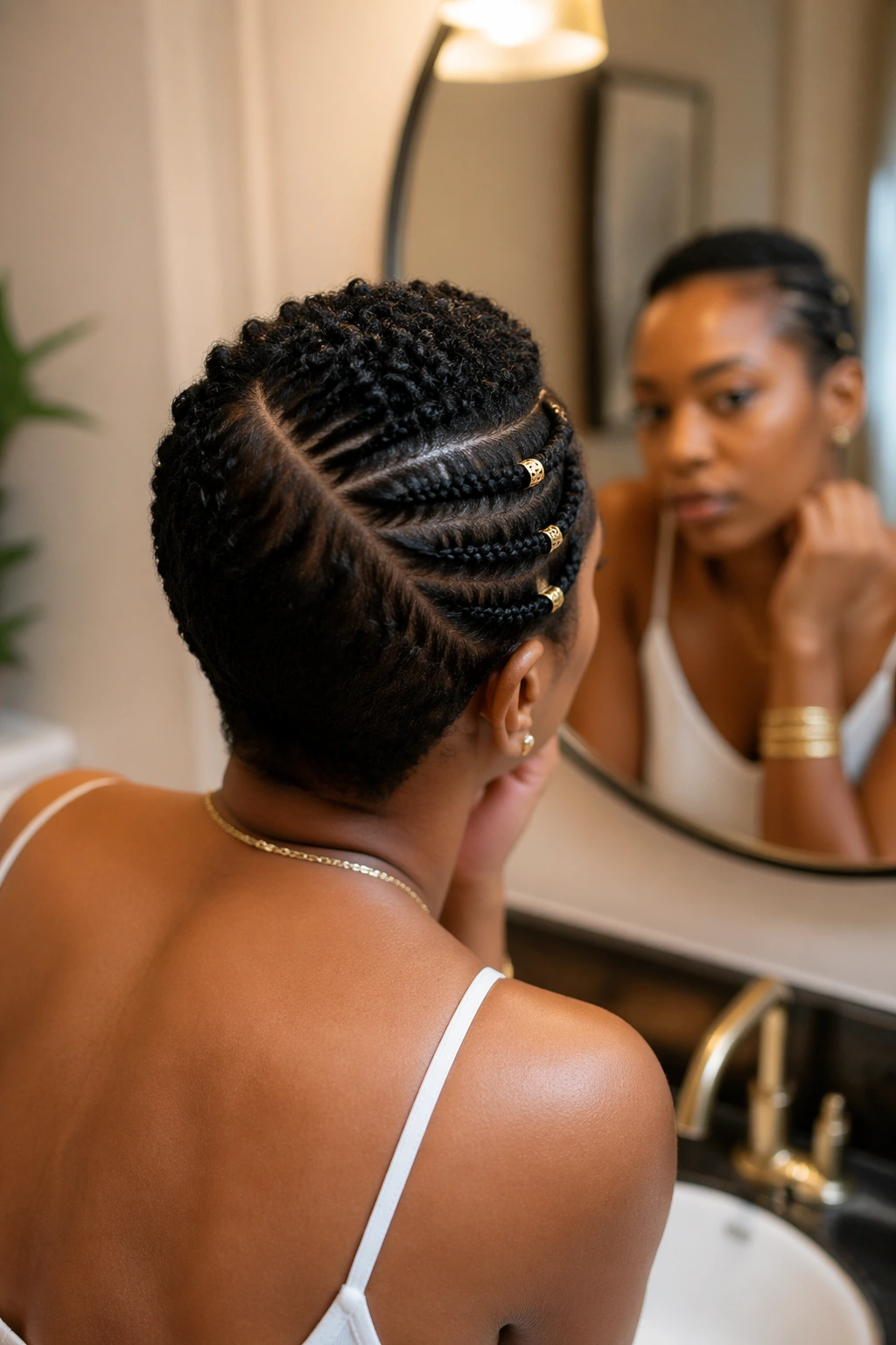 Side-part stitch braids on a tiny Afro seen in bathroom mirror from over-the-shoulder.
