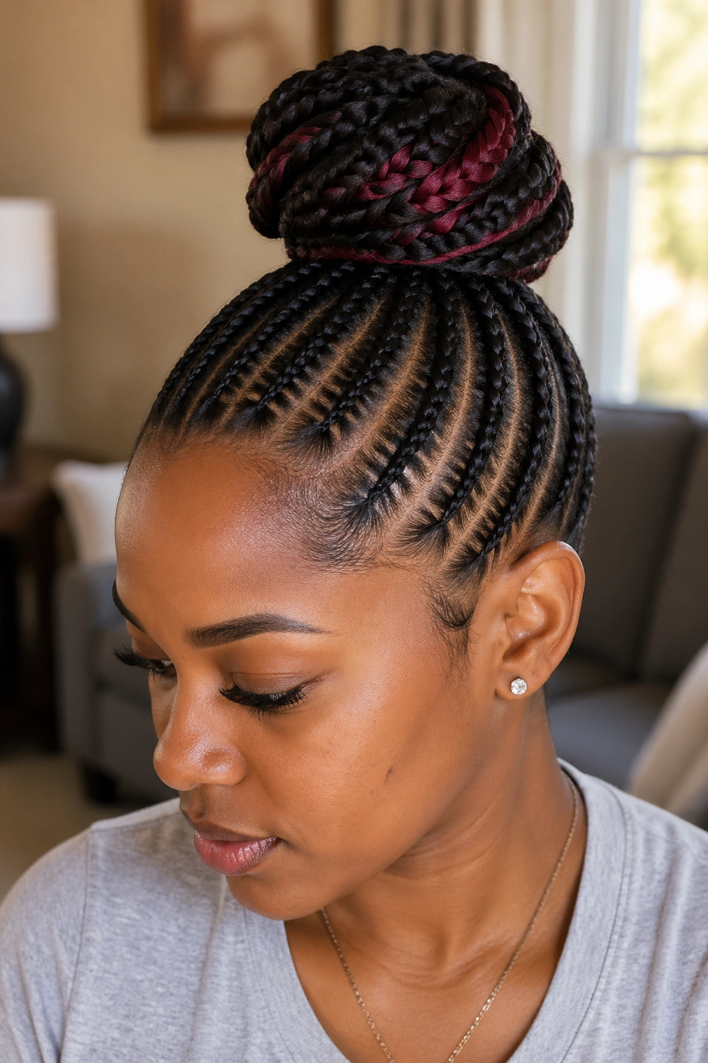 Close-up of real woman with stitch cornrow bun color highlights in bun