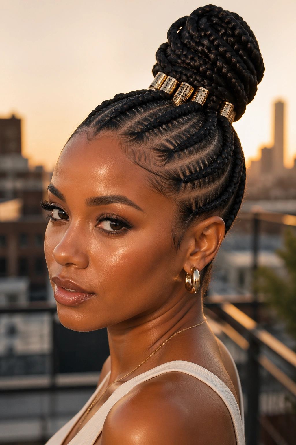Close-up of real woman with stitch cornrow bun and metal cuffs
