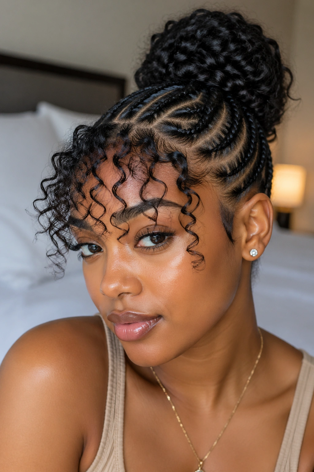 Close-up of real woman wearing stitch cornrow bun with curly bangs