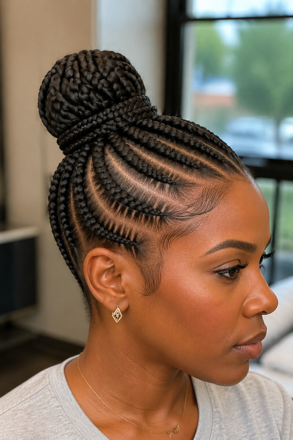Close-up of real woman with stitch cornrow bun wrapped tail