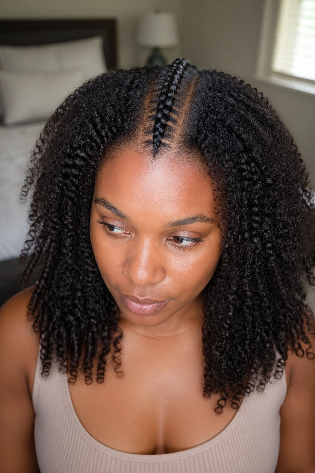 Close-up of real woman with a single stitch cornrow down the center part, natural window light