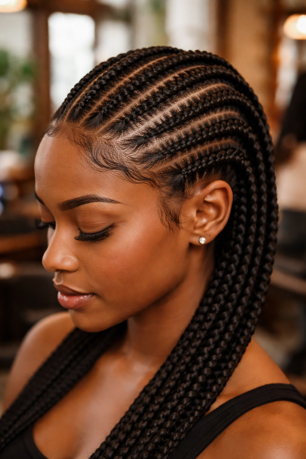 Close-up of a real woman with a stitch cornrow showing even ladder stitches in a salon.