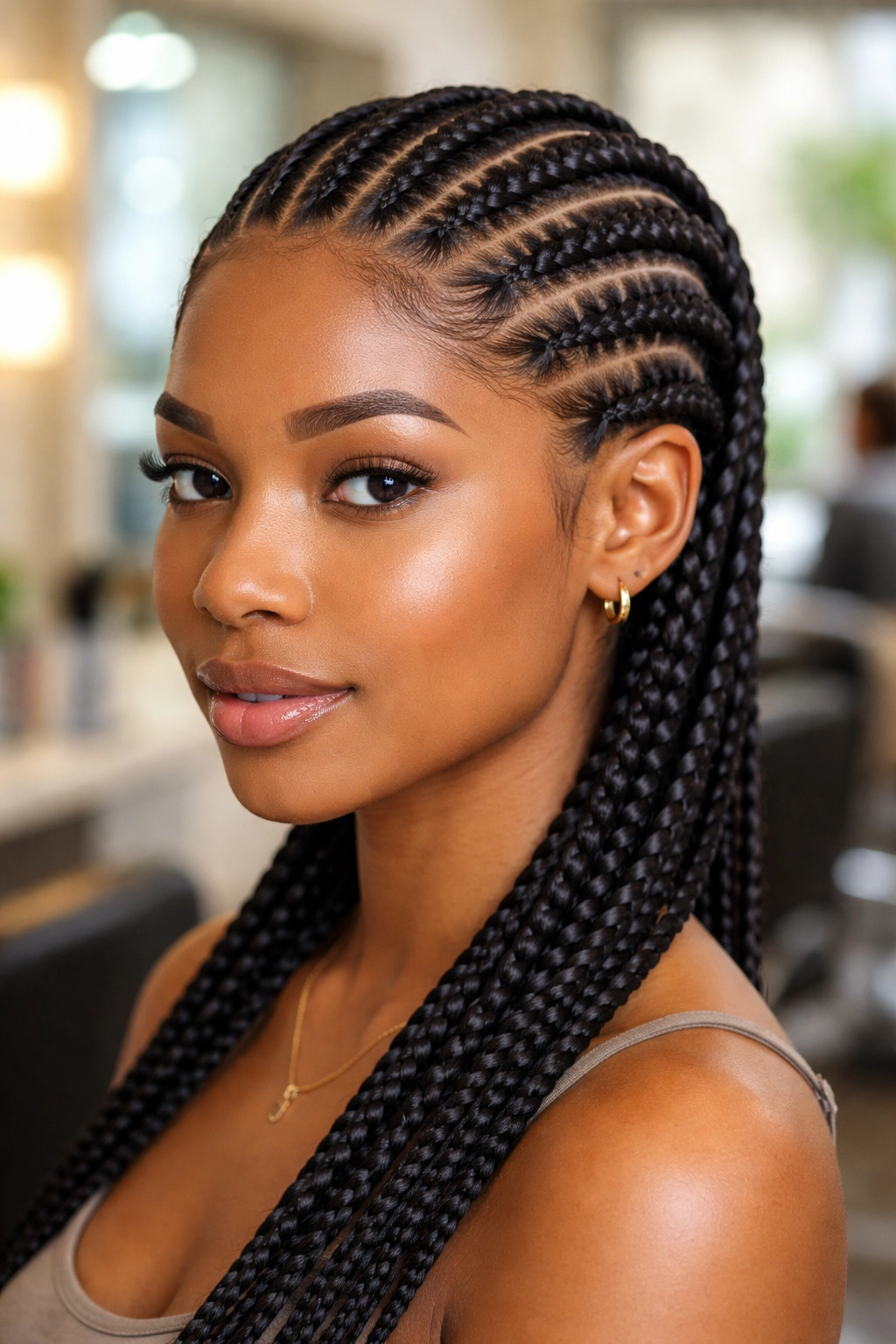 Portrait of a woman with stitch cornrows highlighting tight stitching for longevity.