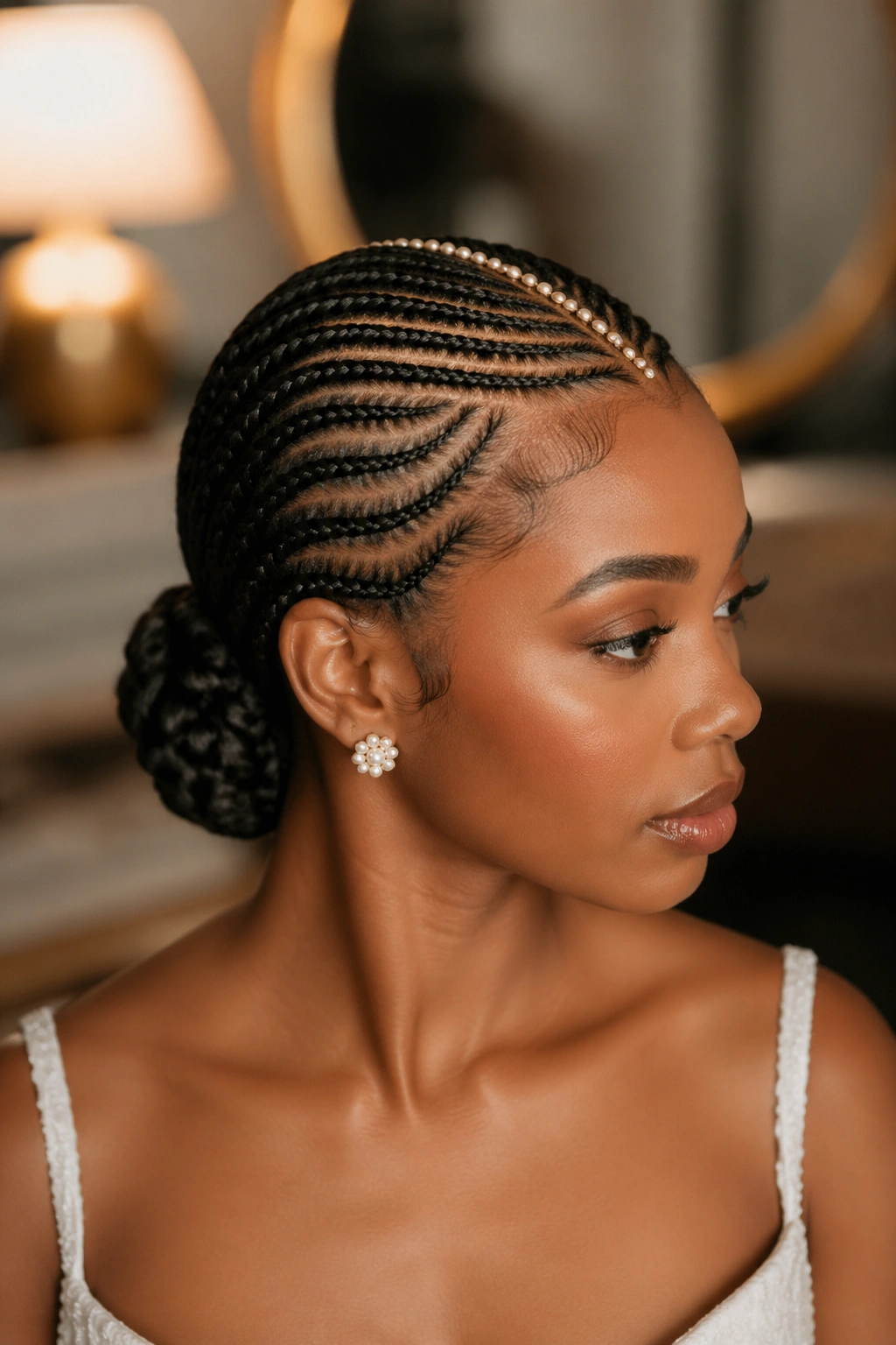 Close-up of real woman with stitch cornrow low chignon center detail