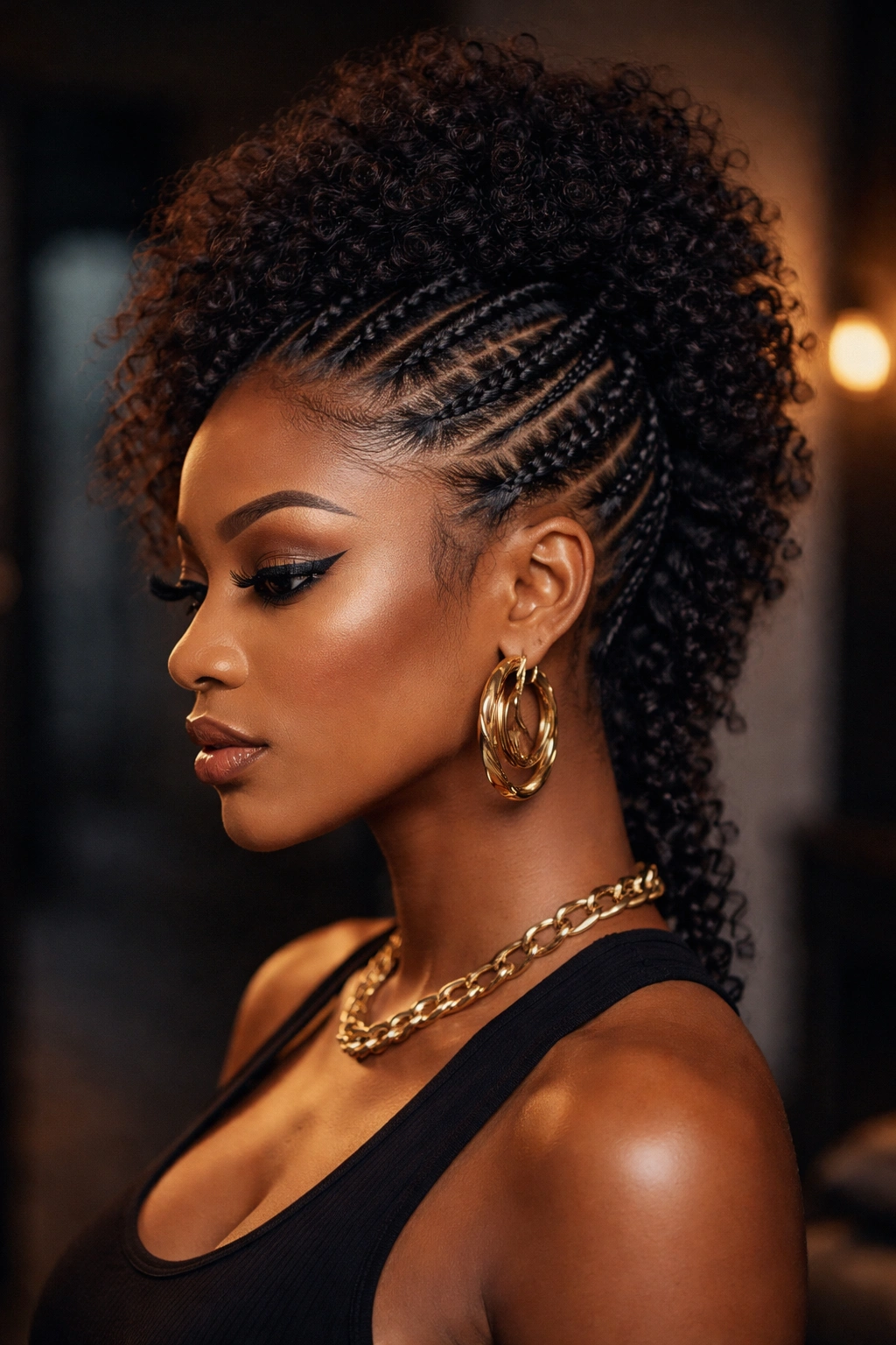 Close-up of stitch cornrow Mohawk on a real woman with center puff