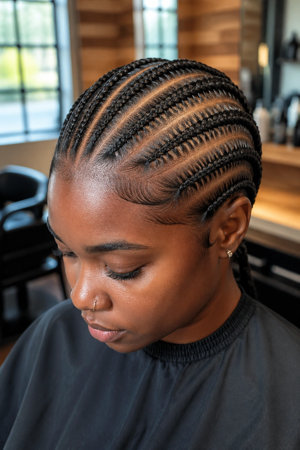 Close-up of a real woman with eight stitch cornrows catching light along the stitch detailing