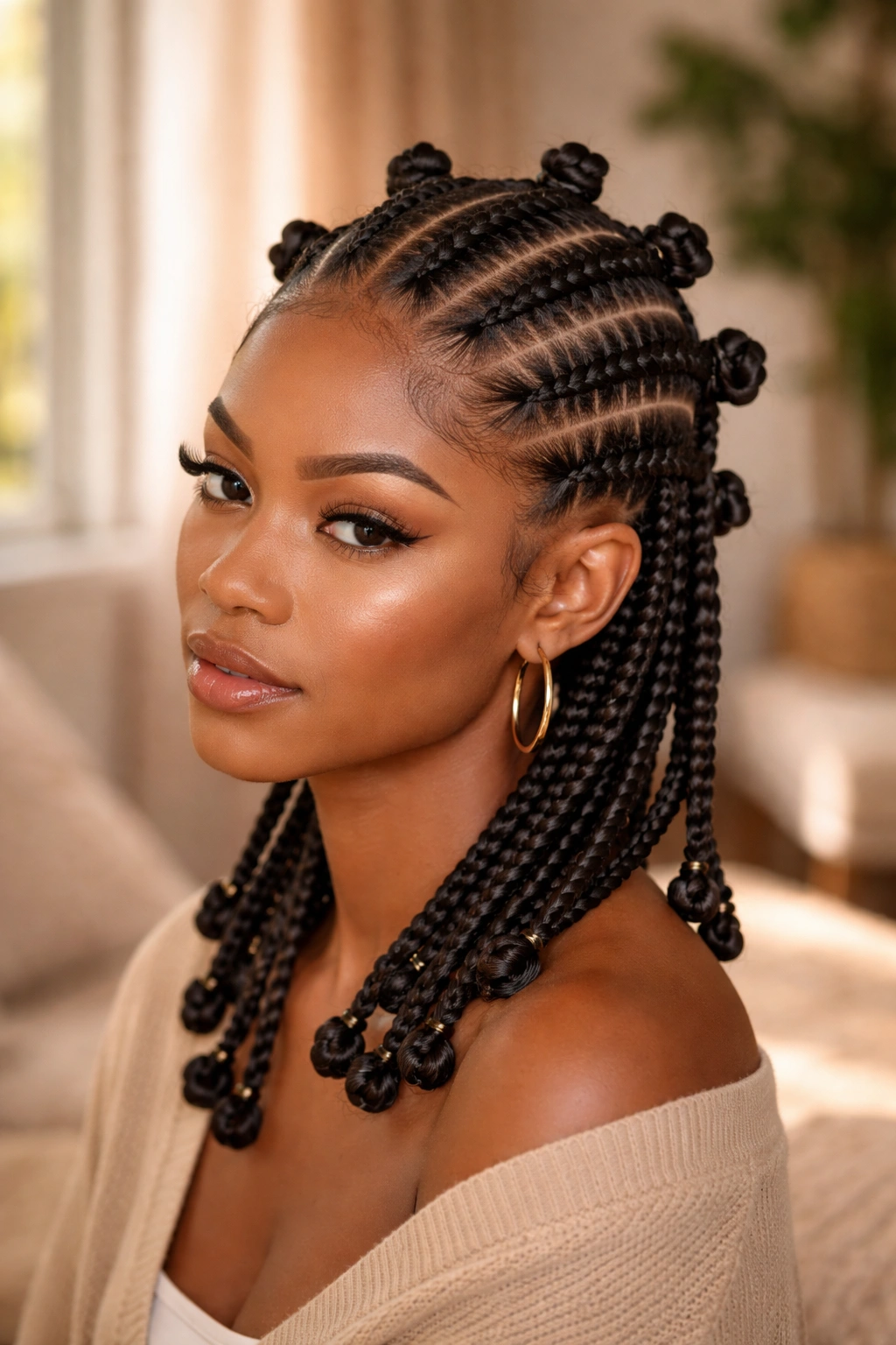 Close-up of stitch cornrows ending in bantu knots on a real person