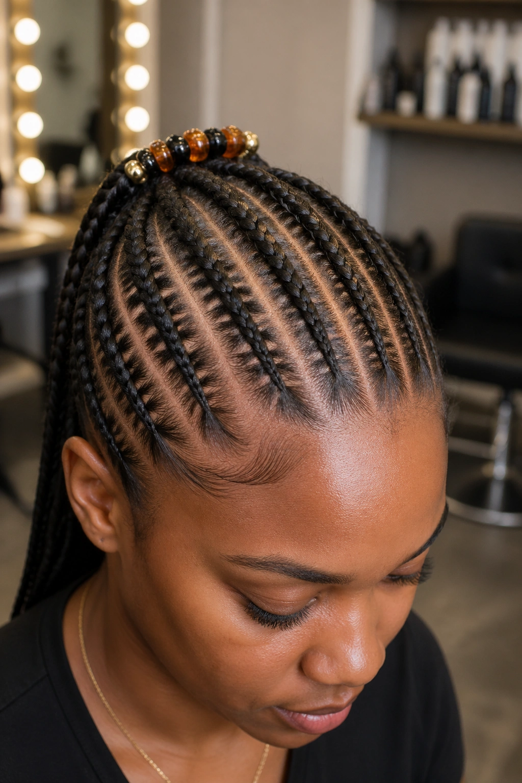 Close-up of real woman with straight-back stitch cornrows and beaded barrettes at the crown