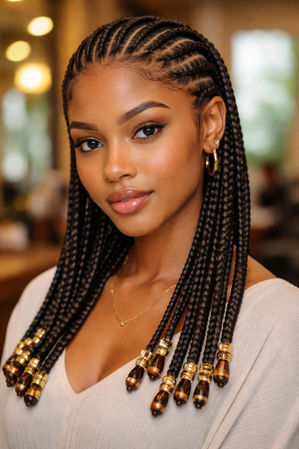 Close-up of stitched cornrows with beaded ends on a real woman in a salon
