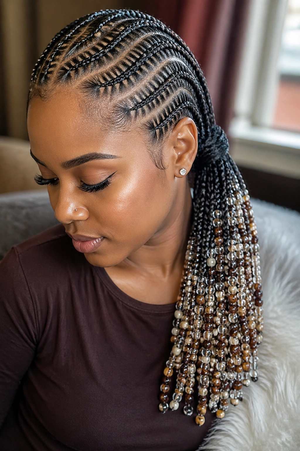 Close-up of a real person with a side-beaded ponytail made from stitch cornrows