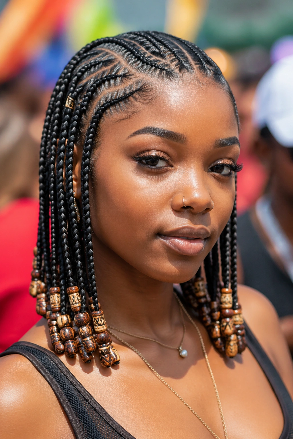 Stitch cornrows ending with tribal beads on a real person