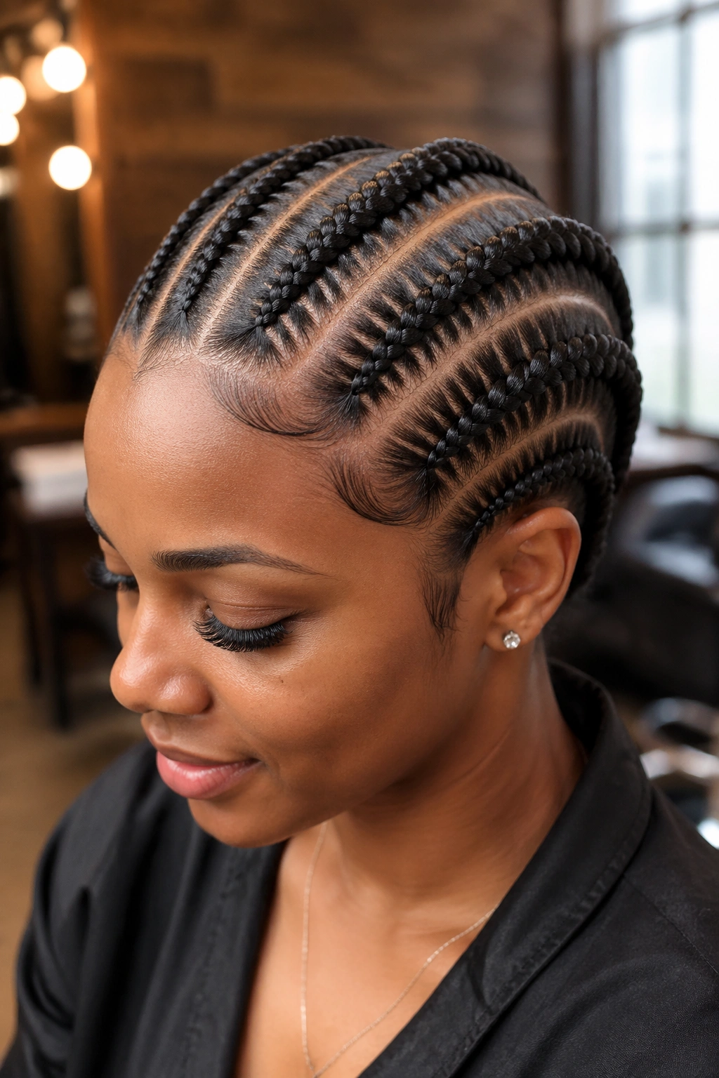 Close-up of stitch cornrows on a real person showing segmented ridges