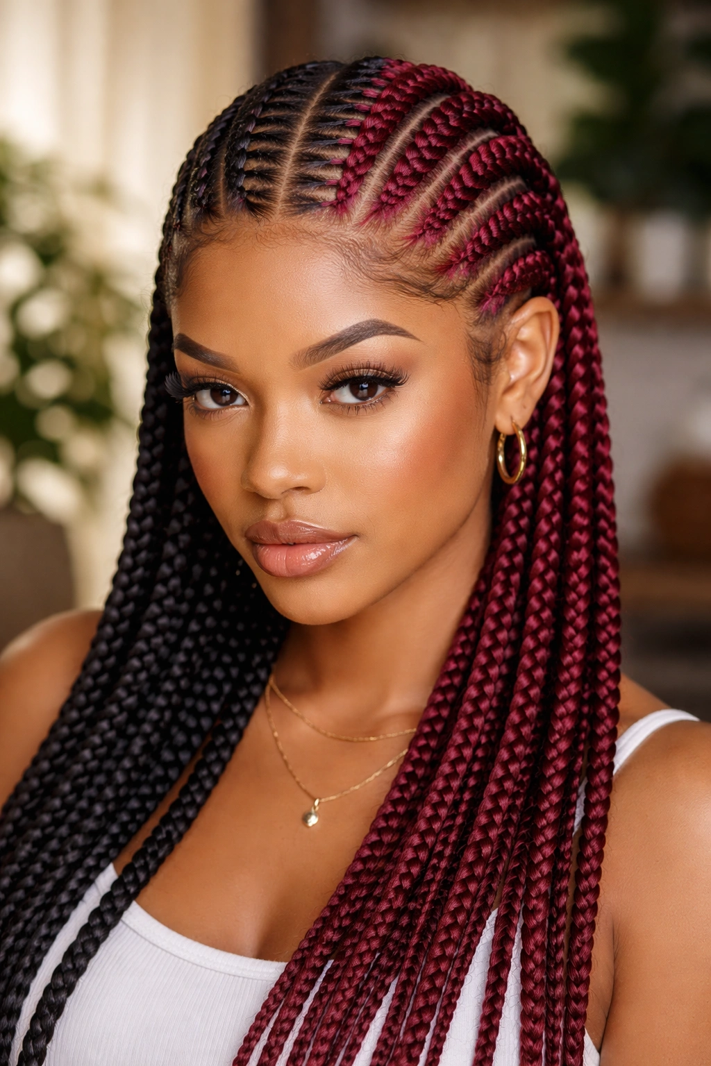 Close-up of stitch cornrows with color block on a real person