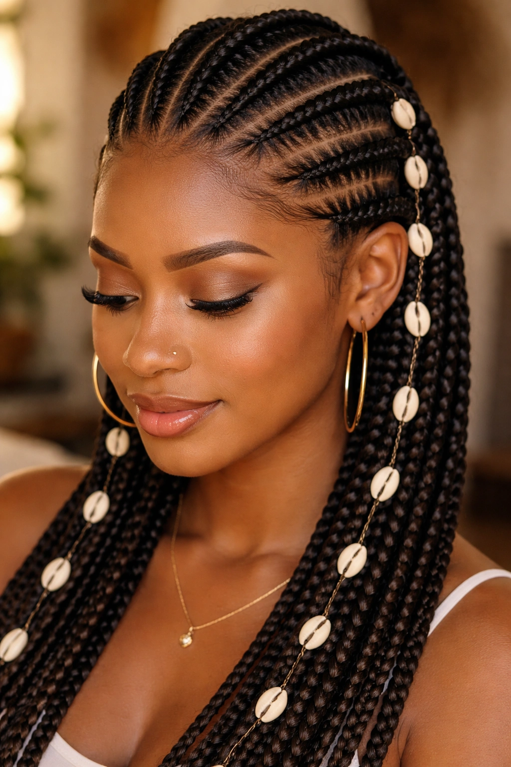 Close-up of stitch cornrows with cowrie shells on a real woman's head