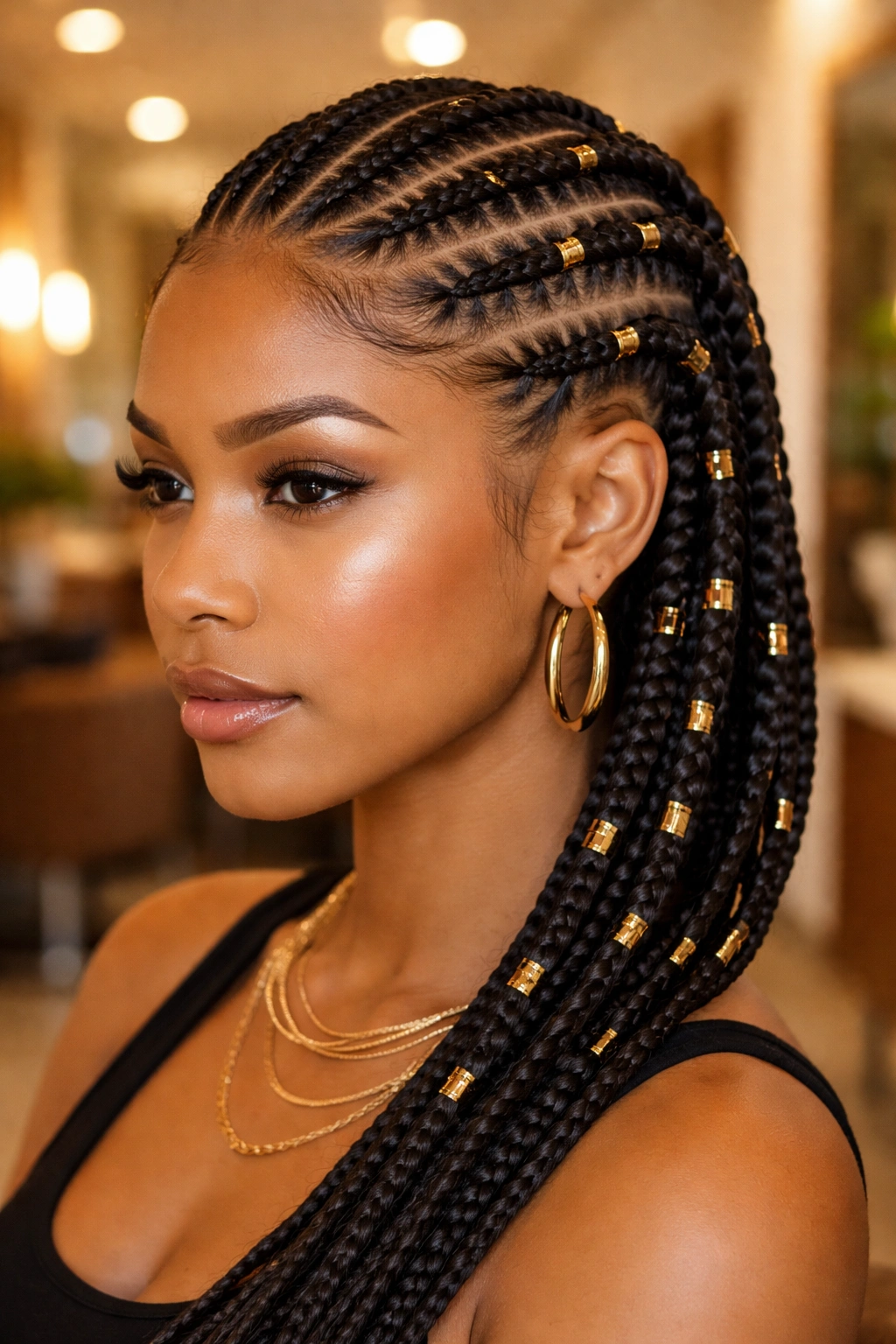 Close-up of a real woman with stitch cornrows adorned with metallic cuffs