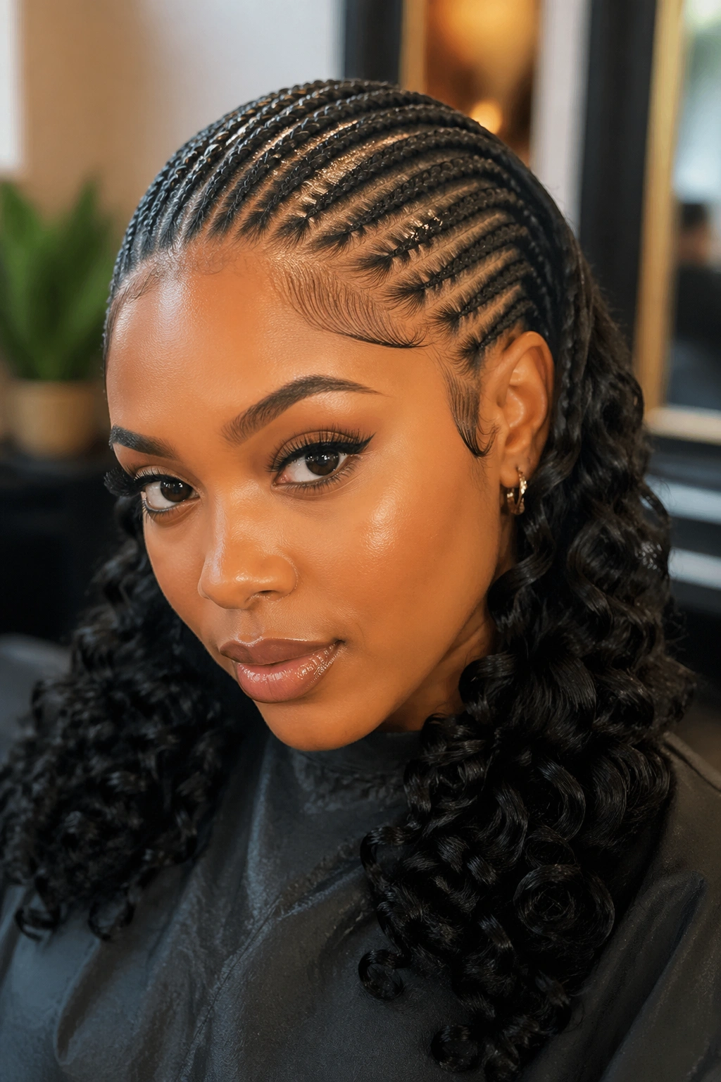 Close-up of stitch-detail cornrows with curled ends on a real woman