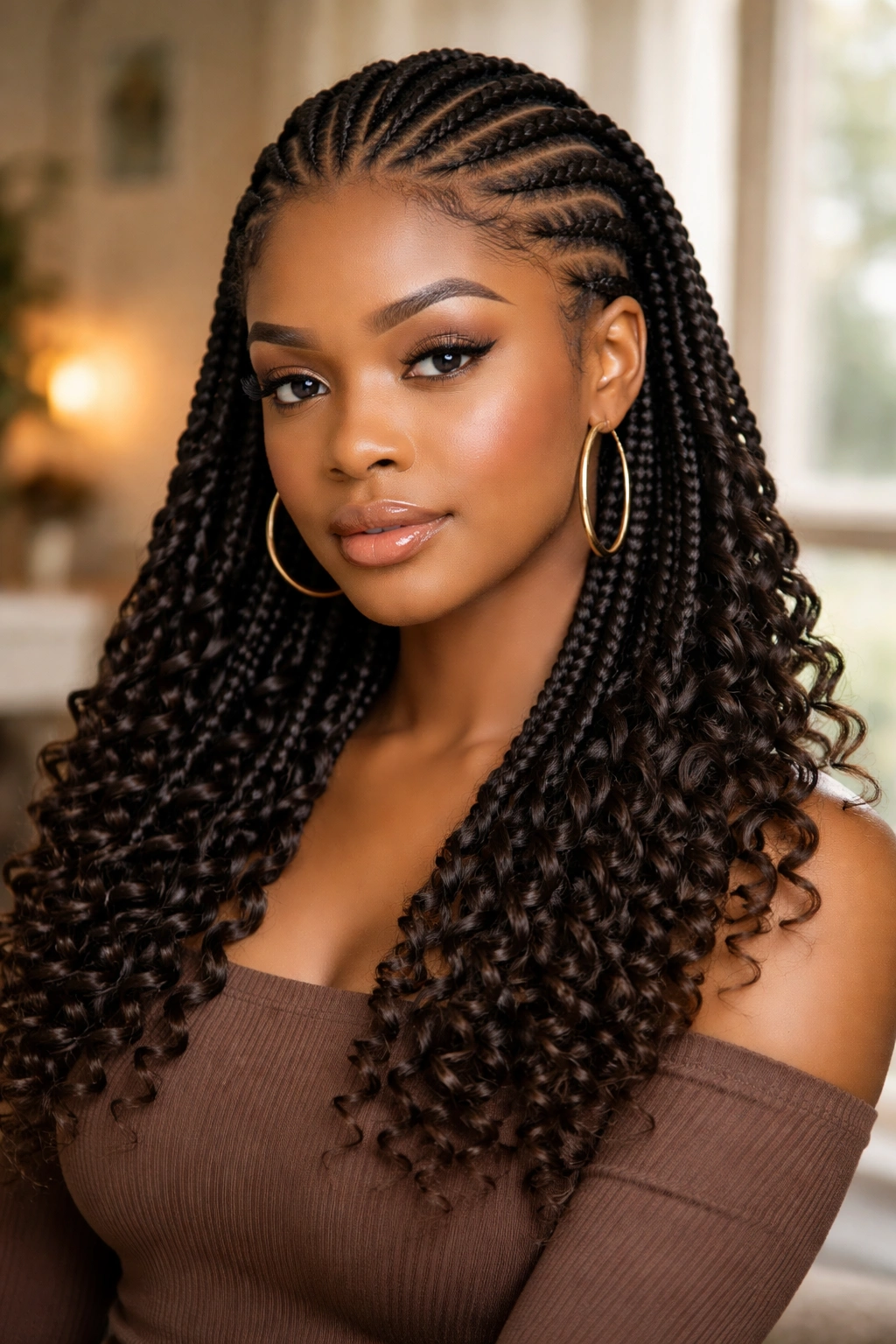 Close-up of stitch cornrows with curly ends on a real woman