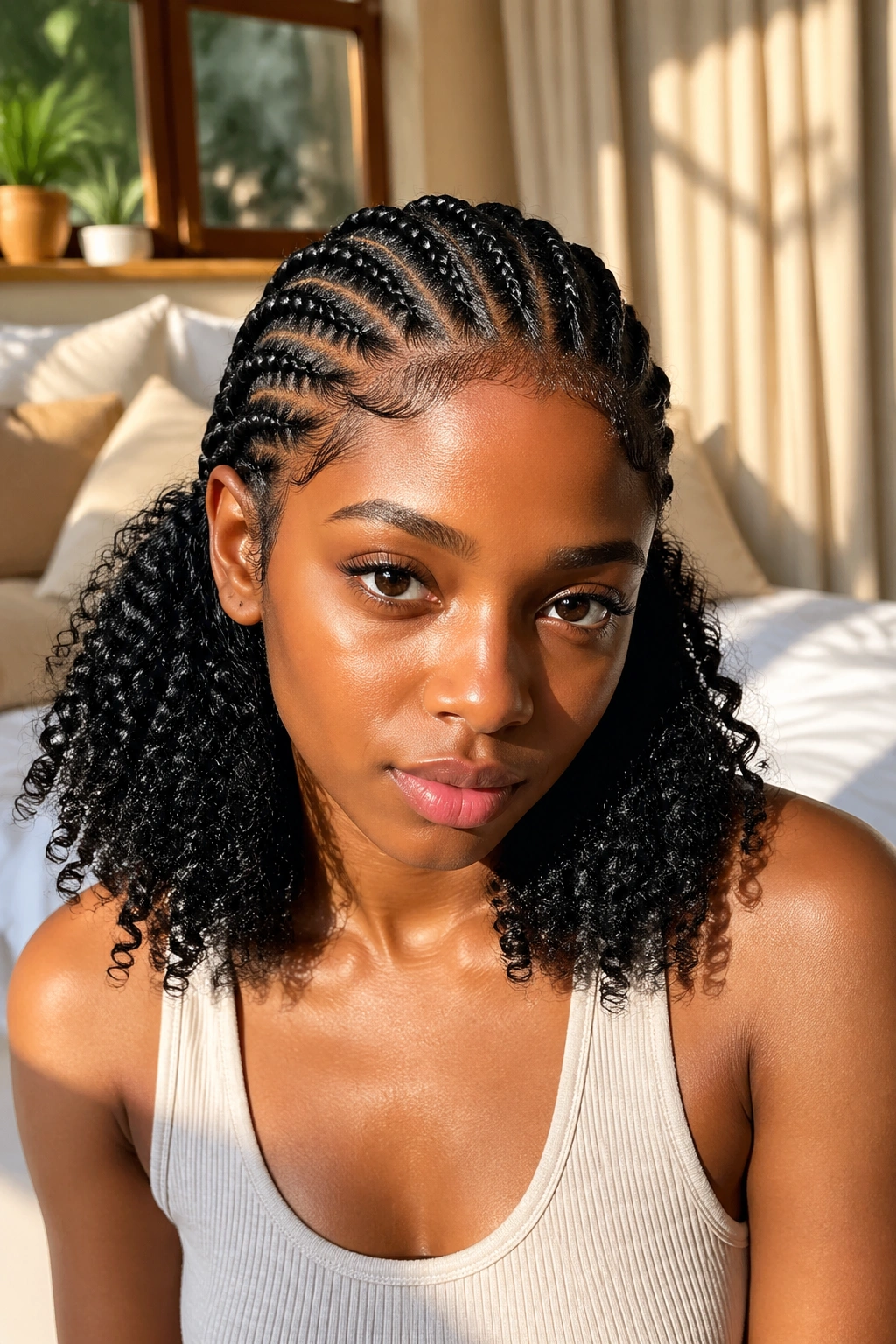 Close-up of a real woman with stitch cornrows and curly ends out