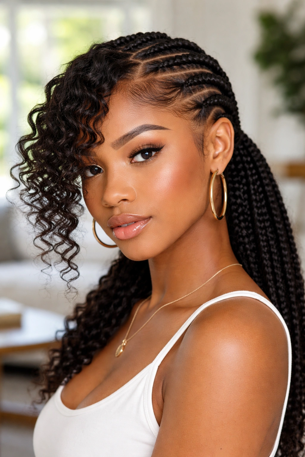 Close-up of stitch cornrows with curly front left out on a real woman