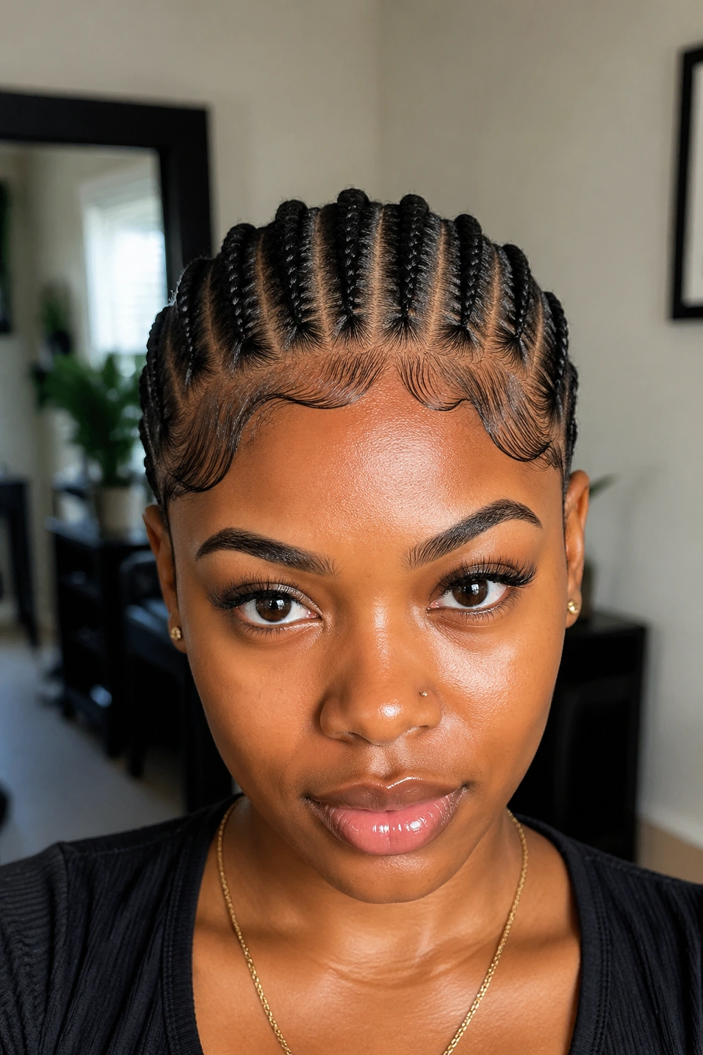 Front close-up of a real woman with stitch cornrows and laid edges