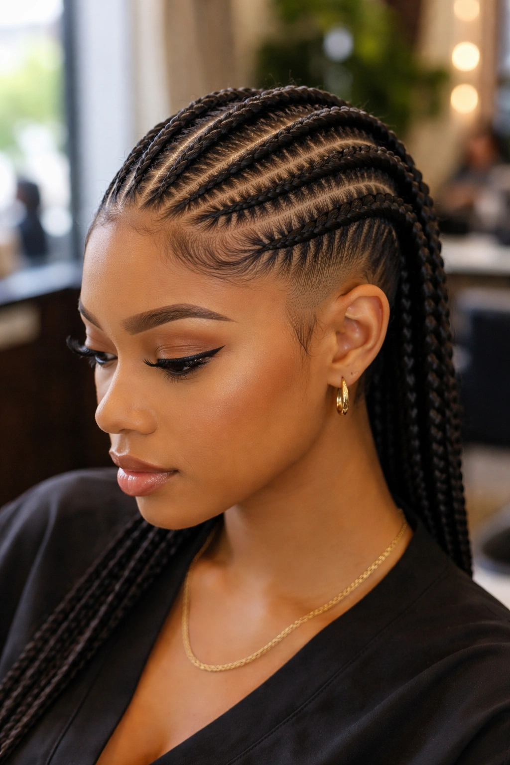 Close-up of stitch cornrows on top with fade sides on a real person