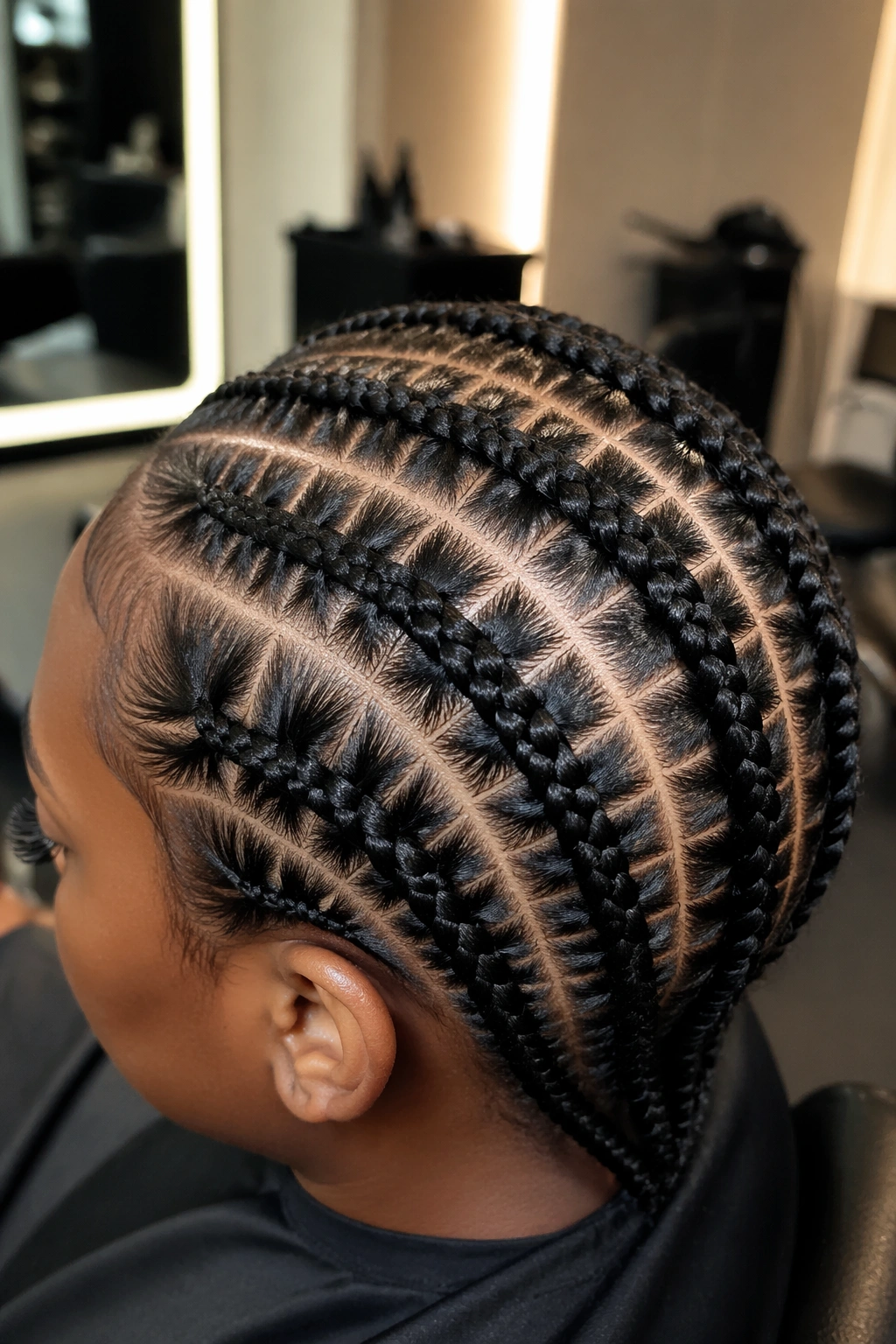 Stitch cornrows close-up in a salon