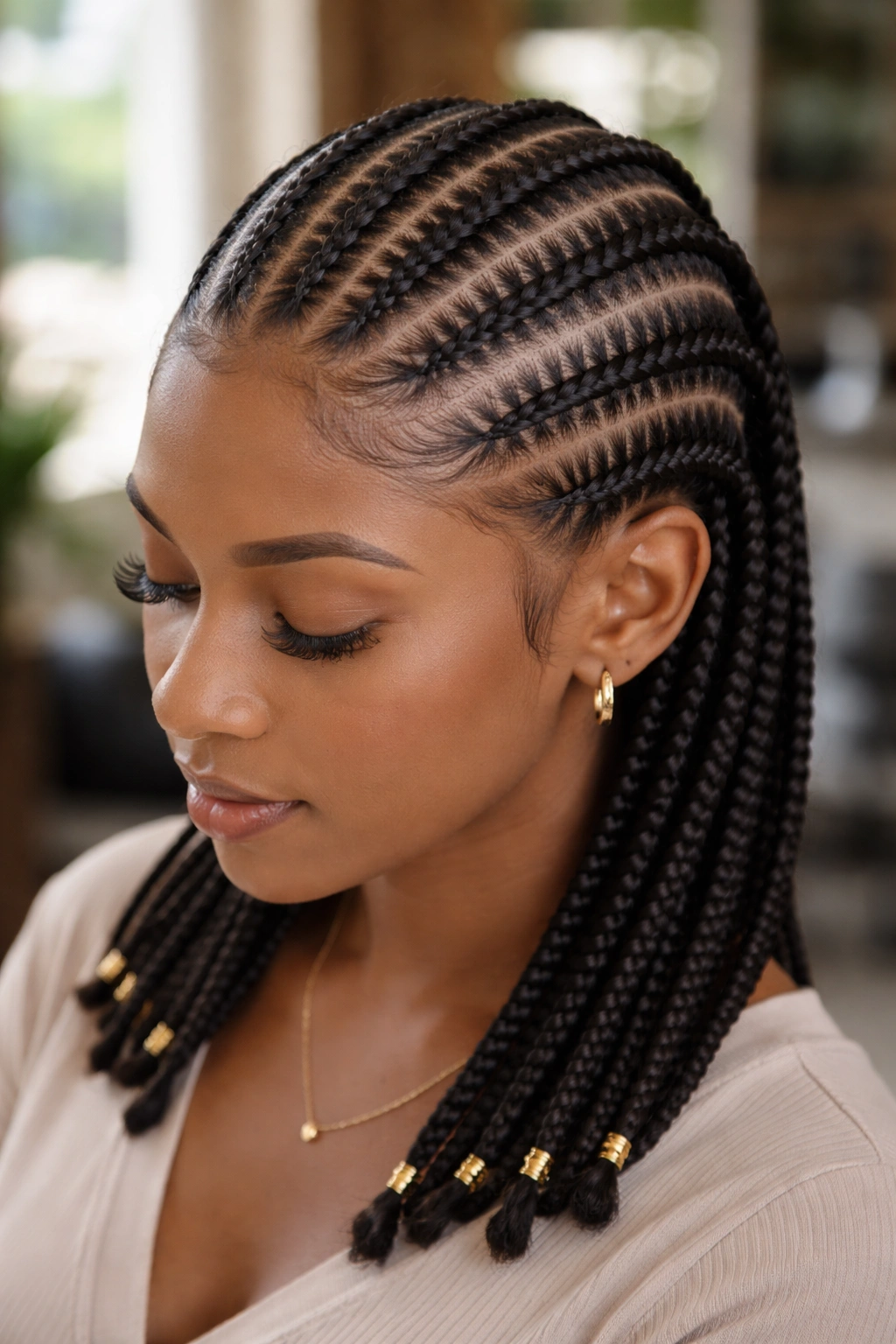 Close-up of real woman with stitch cornrows showing horizontal stitch lines along the scalp
