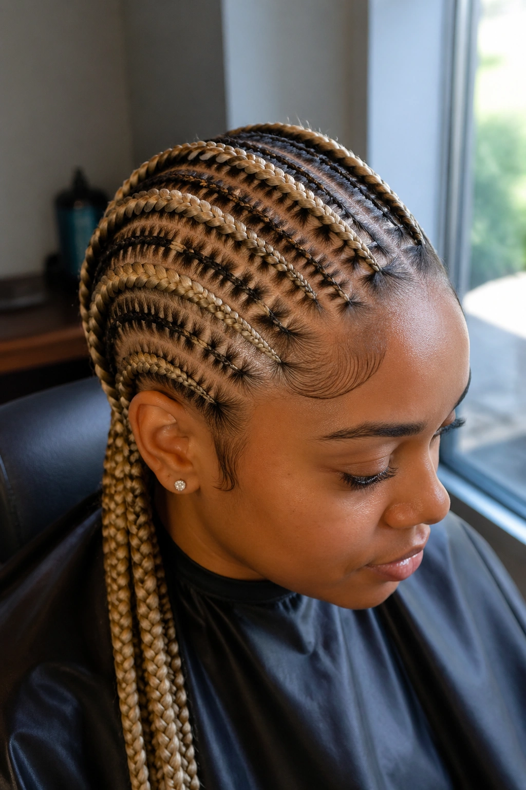 Close-up of stitch cornrows on a real person highlighting the ladder-like stitch pattern.