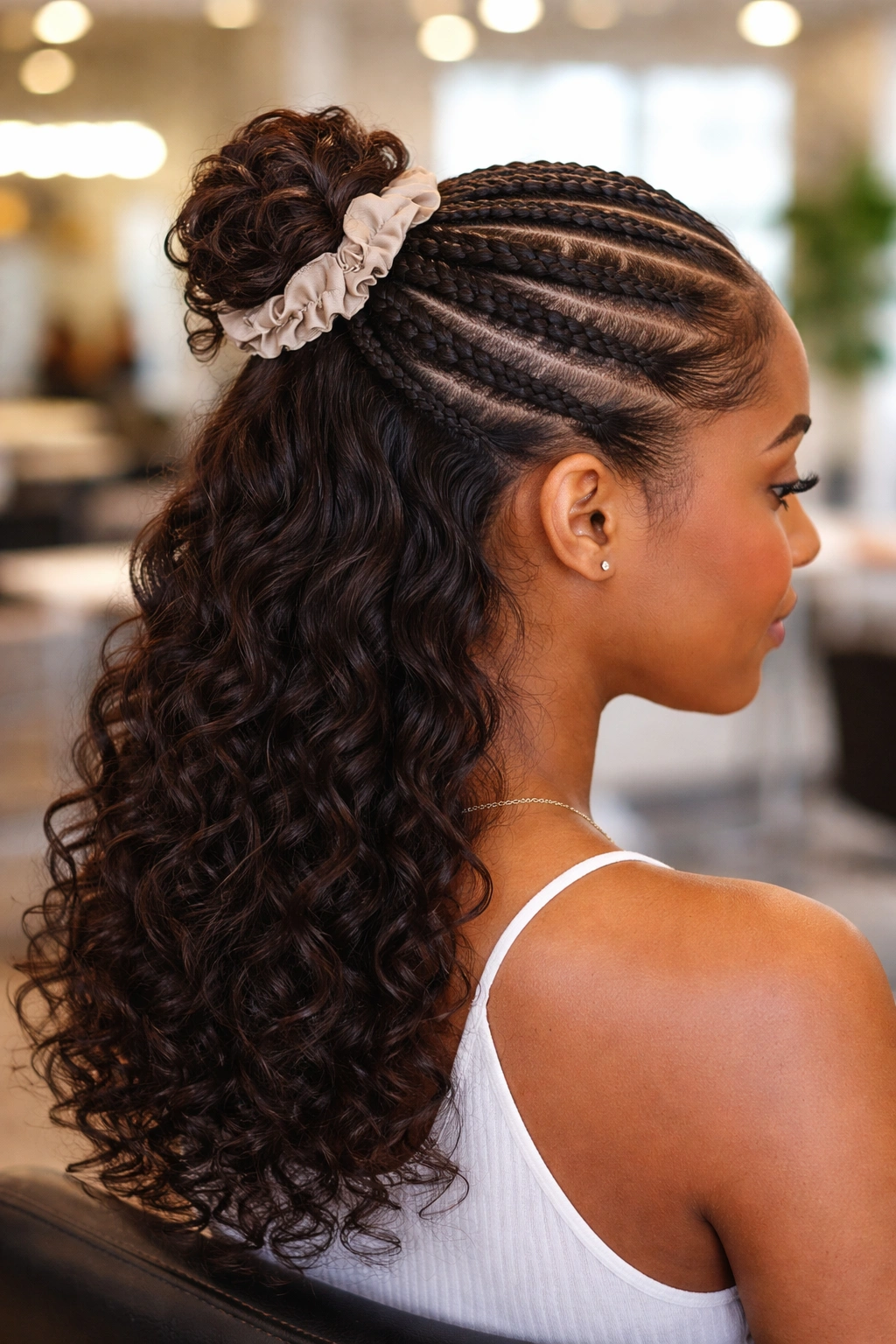 Real woman with stitch cornrows and a half bun.