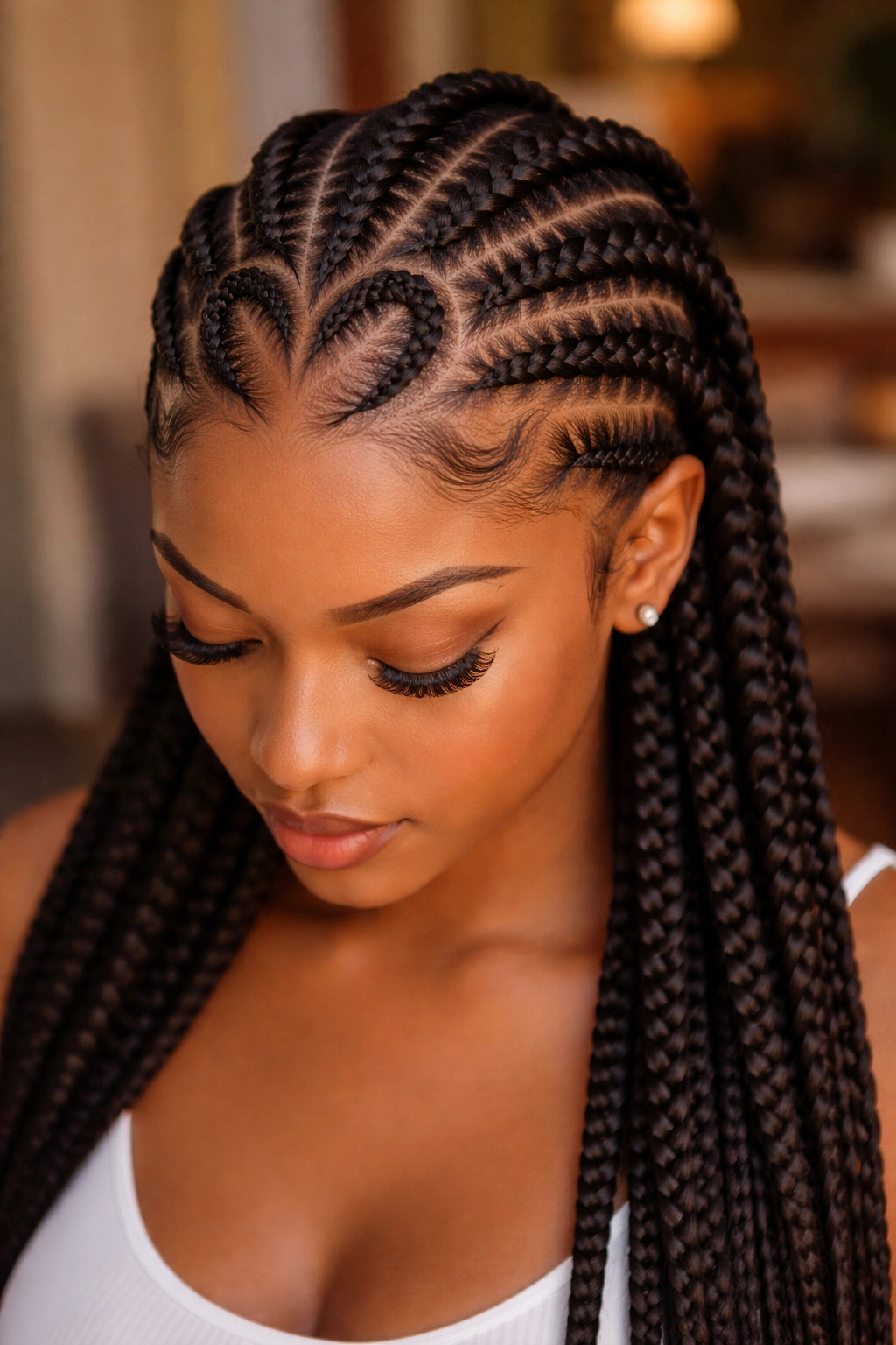 Close-up of stitch cornrows with heart part on a real person