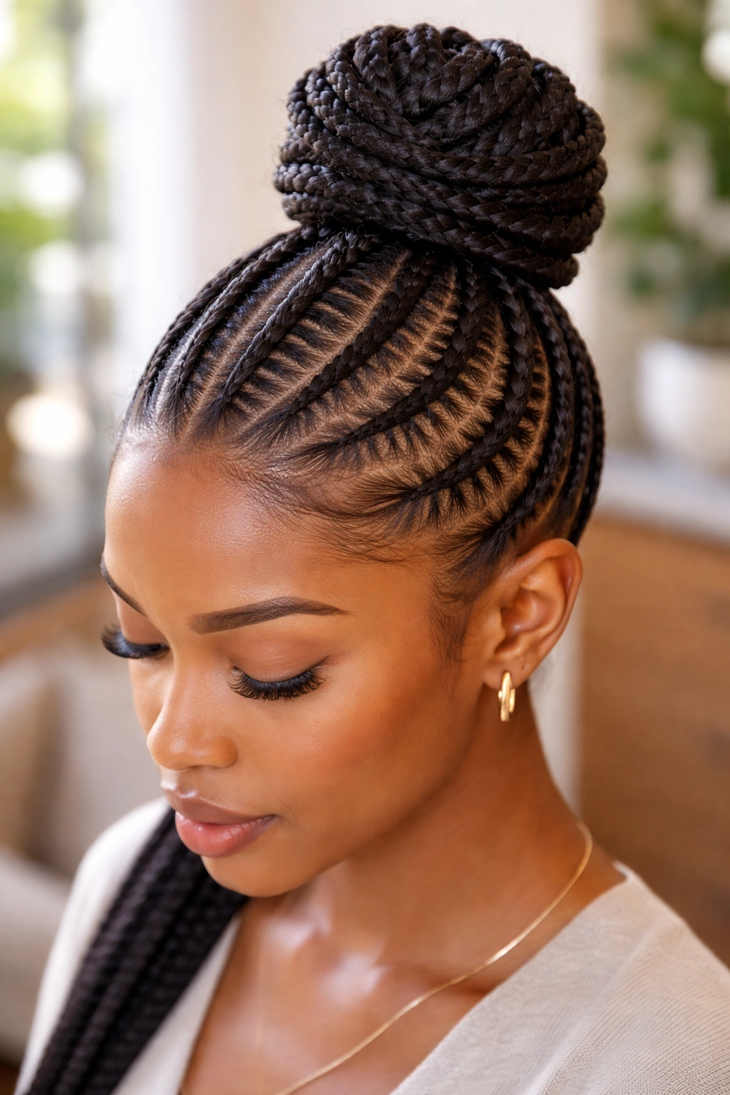 Real woman with stitch cornrows forming a high bun at the crown.