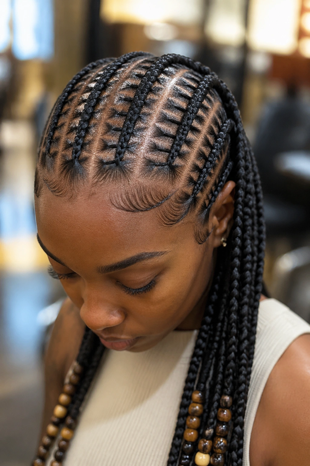 Close-up of a real person with stitch cornrows showing horizontal rungs along the scalp
