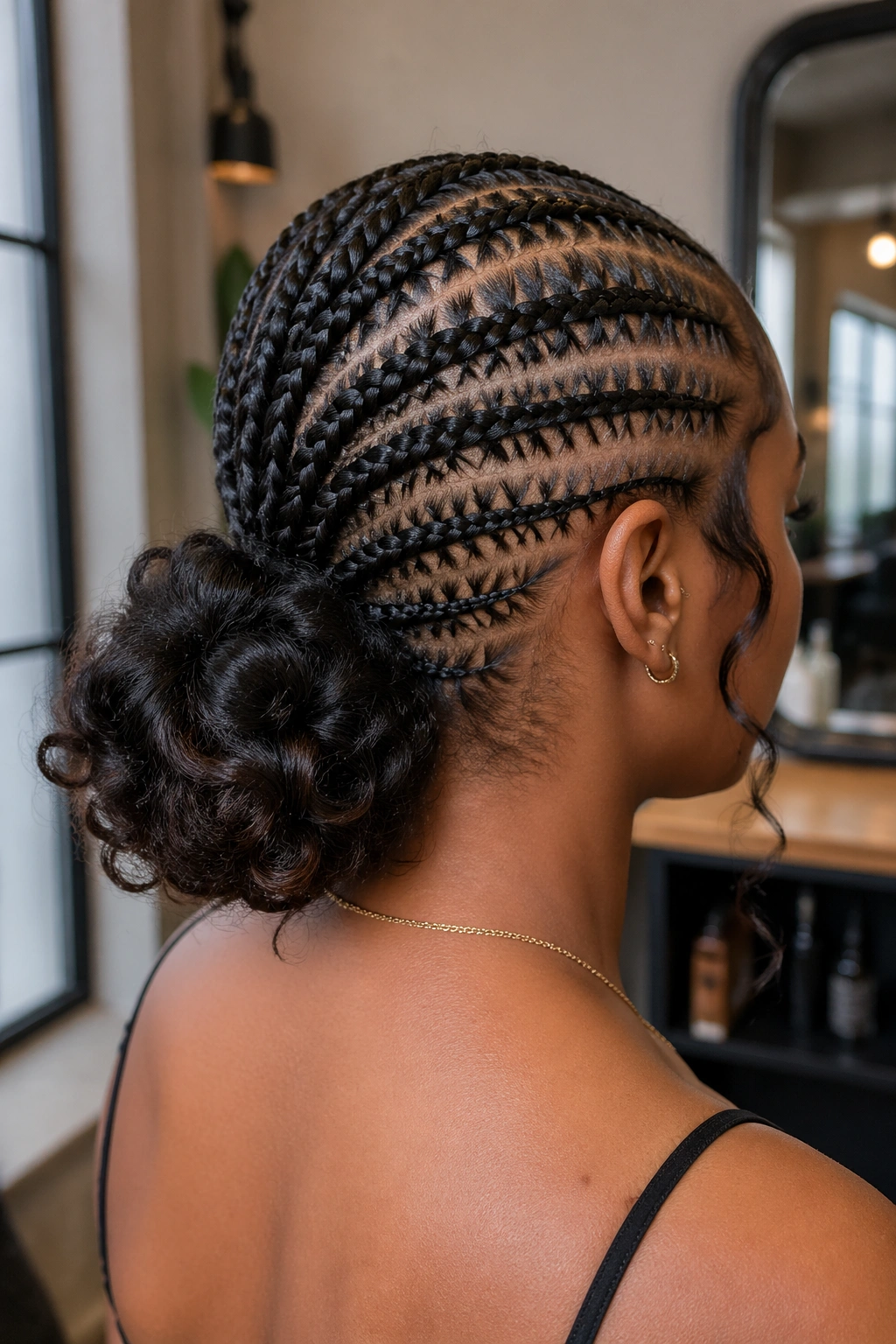 Back view of a real woman with stitch cornrows leading to a low curly bun at the nape.