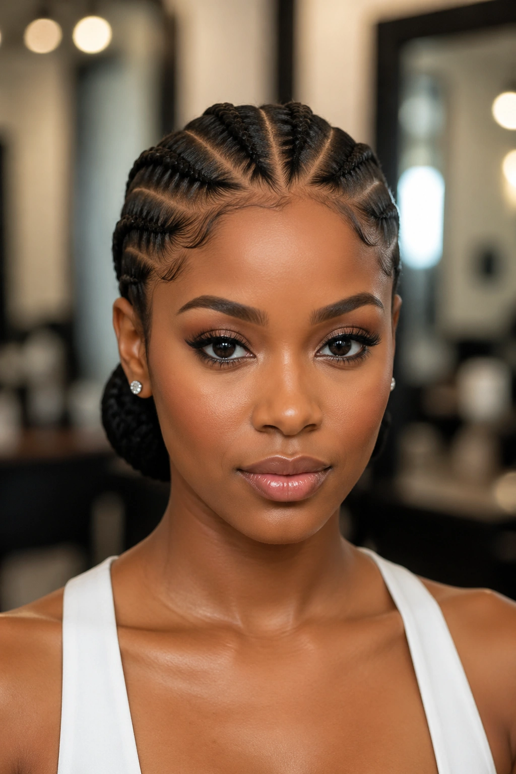 Close-up of a real woman with stitch cornrows forming a low chignon at the nape