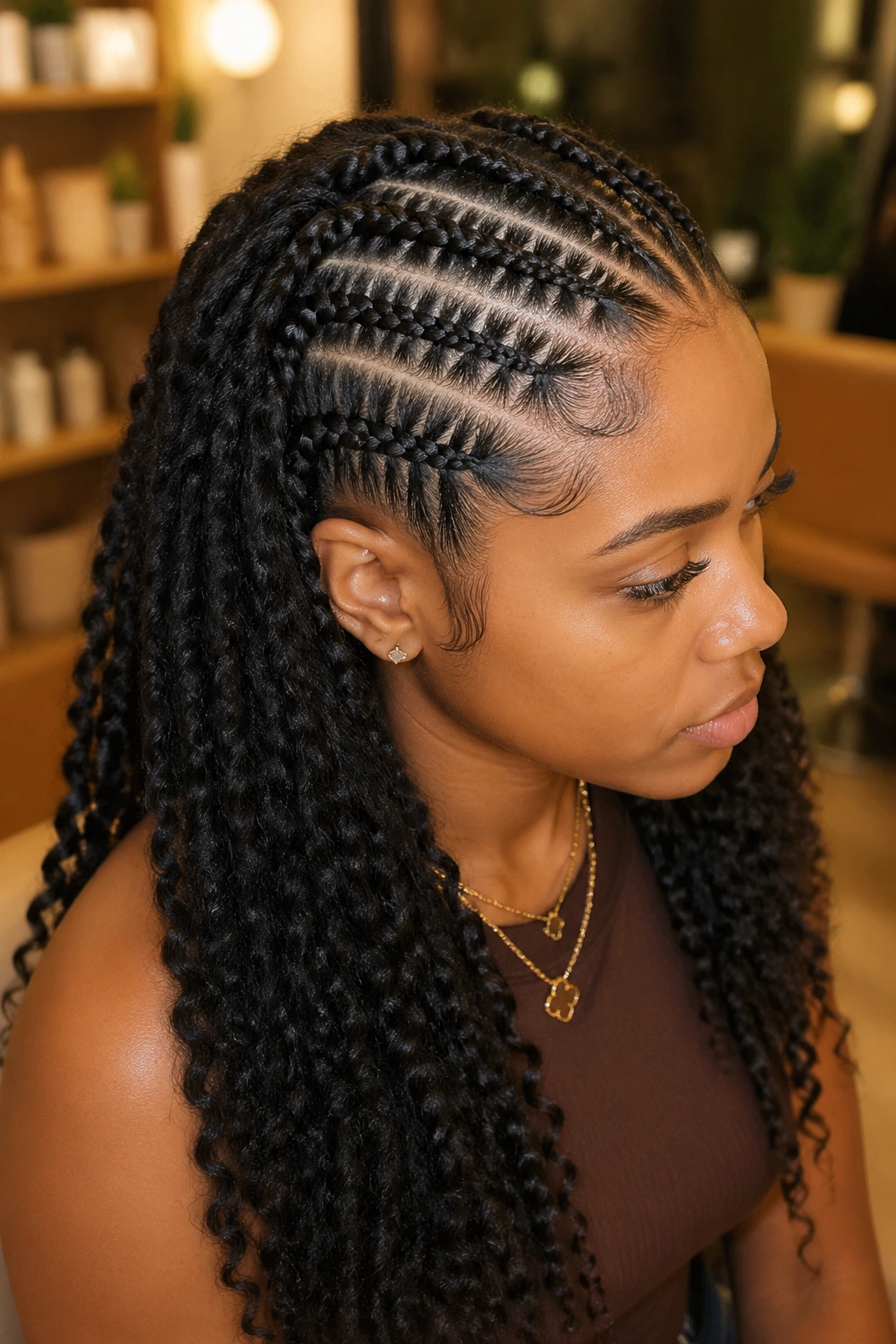 Real person wearing stitch cornrows with mini Marley twists