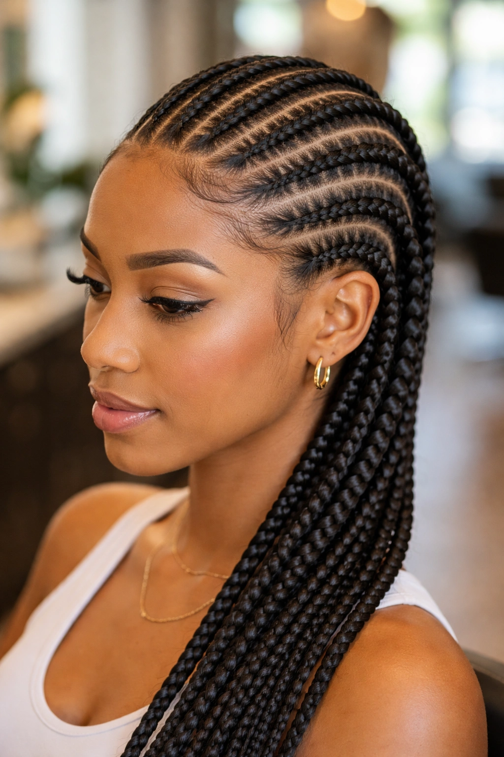 Close-up of a real woman with mixed-width stitch cornrows in a modern salon