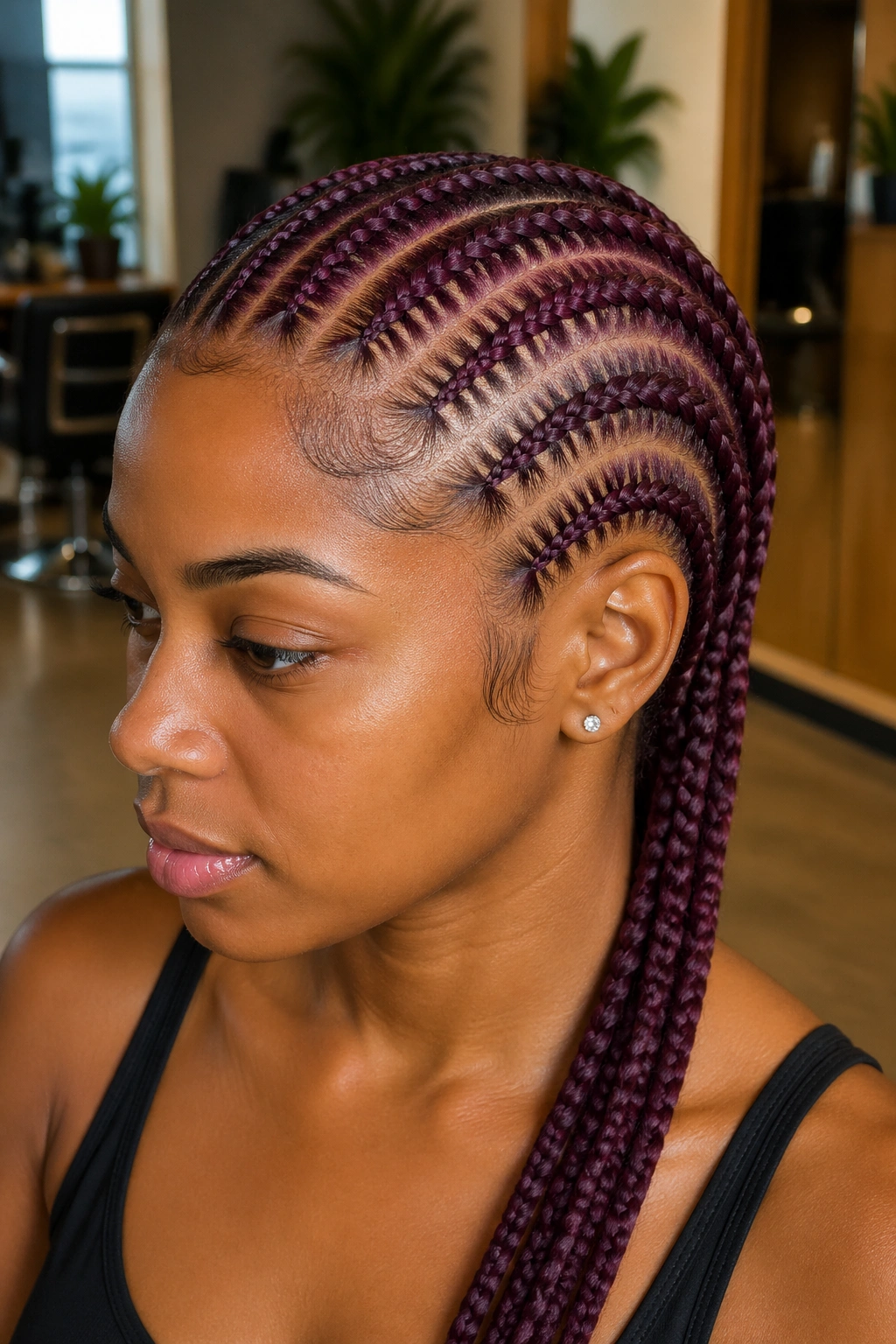 Close-up of stitch cornrows in mulberry purple on a real person, highlighting ridges and light reflection