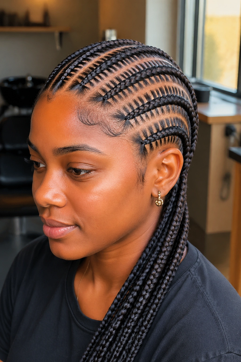 Real person with stitch cornrows showing even stitch lines between braids.