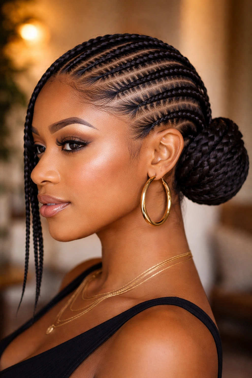 Close-up of stitch cornrows leading to a side bun behind the ear