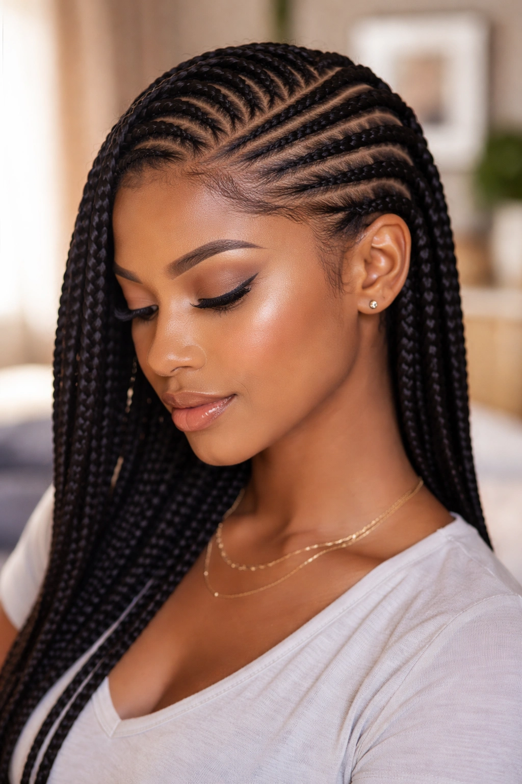 Real woman with stitch cornrows and a deep side part.