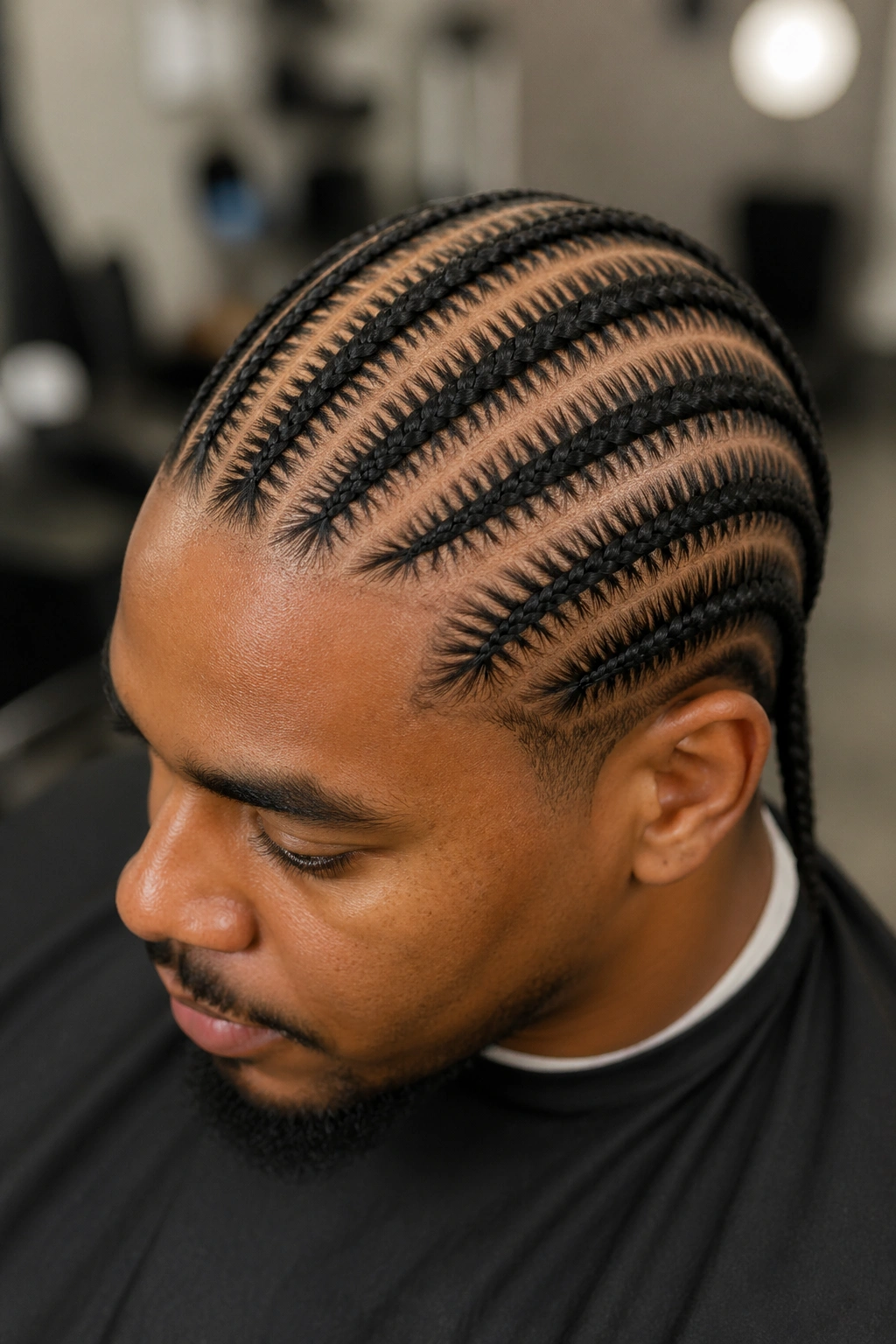 Real person with stitch cornrows showing crisp stitched pattern
