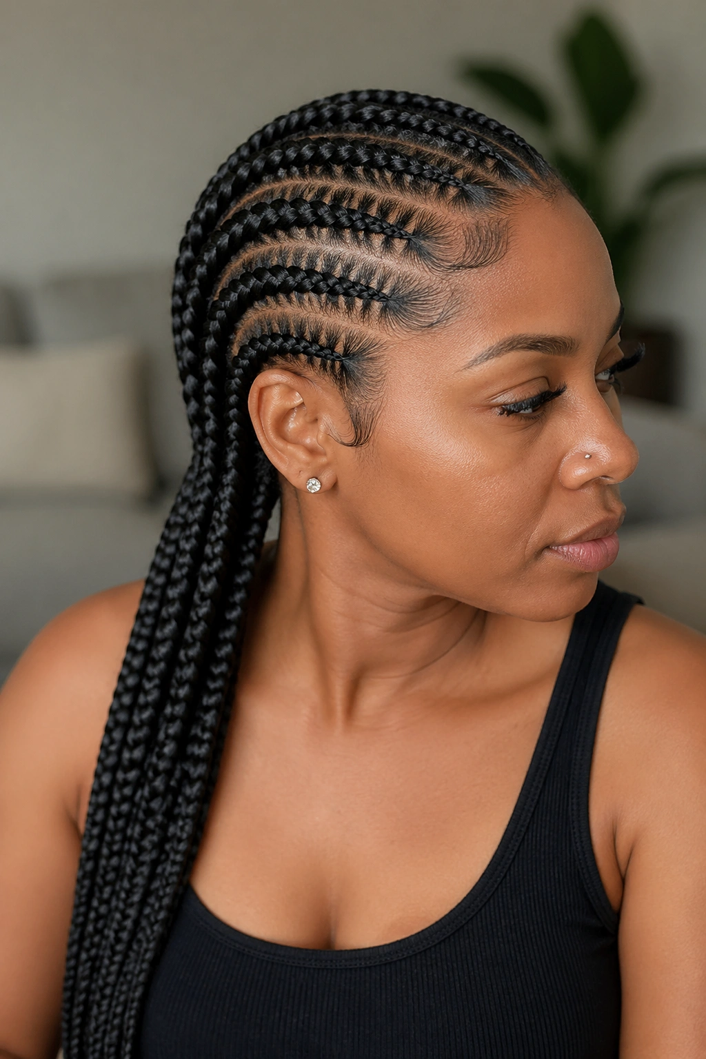 Close-up of a real woman with stitch cornrows all back