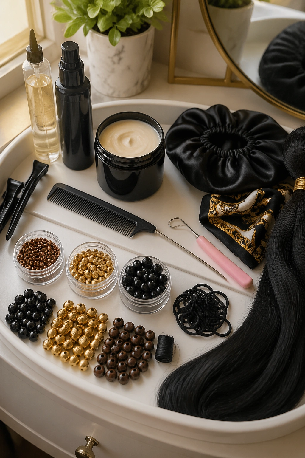 Top-down view of tools for stitch cornrows including comb, edge control, beads, and extensions
