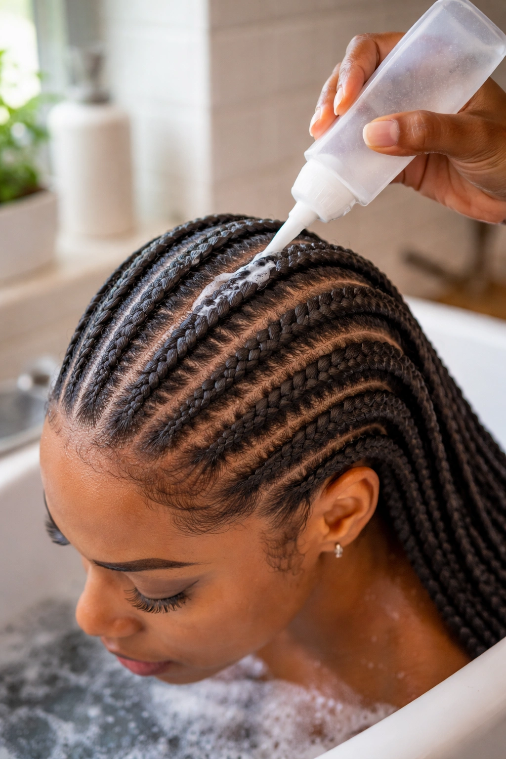 Real person washing stitch cornrows at sink without disturbing pattern